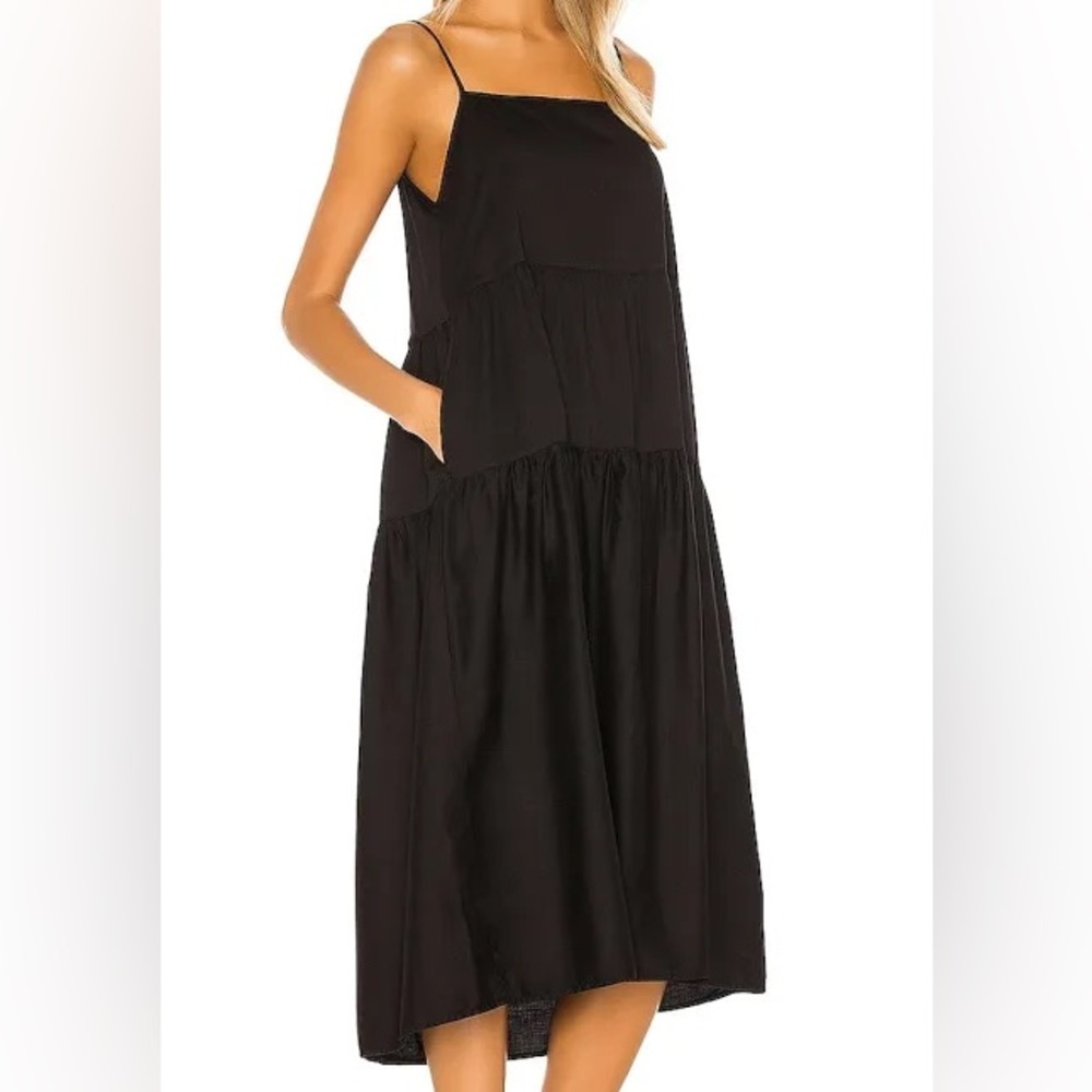 Enza Costa Black Tiered Cotton Midi Dress Size 1 (Small) Minimalist Spaghetti St